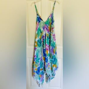 Goa Beach Dress Green Blue  L beach V Neck Pom Pom Handkerchief Hem Tropical